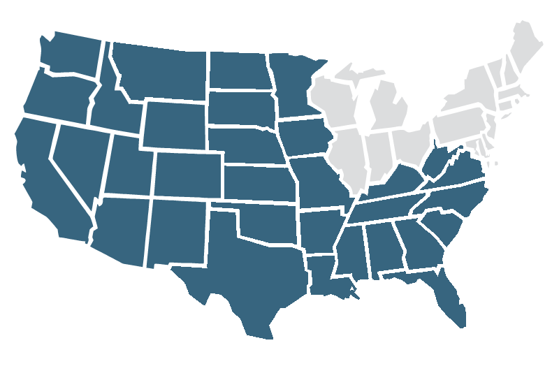 USA map services area with highlighted states we serve